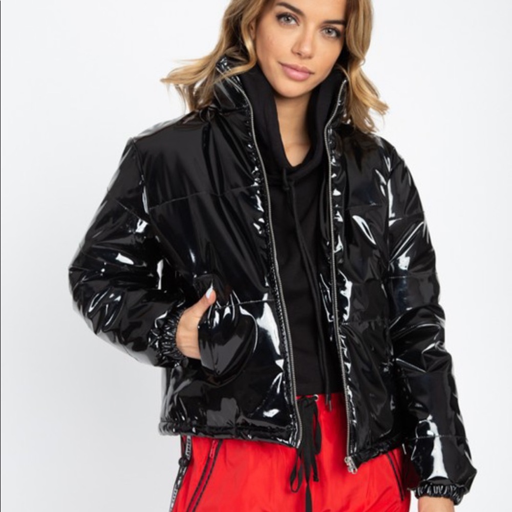 Patent leather puffer jacket